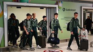 <p>Players of the Republic of Ireland on their arrival at Dublin Airport following their qualification for the FIFA U-17 World Cup to be held in Qatar Photo by Tyler Miller/Sportsfile </p> <p>Players of the Republic of Ireland on their arrival at Dublin Airport following their qualification for the FIFA U-17 World Cup to be held in Qatar Photo by Tyler Miller/Sportsfile </p>