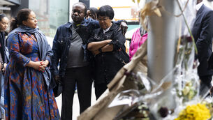 <p>Foreign minister of the Democratic Republic of Congo, Ms. Thérèse Kayikwamba Wagner with Jean Claude the uncle of Yves Sakila and Angel Issemezey Anzibistep the step mother of Yves Sakila at the memorial where he was restrained and later died on Henry Street in Dublin. Photo: Sam Boal/Collins Photos</p> <p>Foreign minister of the Democratic Republic of Congo, Ms. Thérèse Kayikwamba Wagner with Jean Claude the uncle of Yves Sakila and Angel Issemezey Anzibistep the step mother of Yves Sakila at the memorial where he was restrained and later died on Henry Street in Dublin. Photo: Sam Boal/Collins Photos</p>