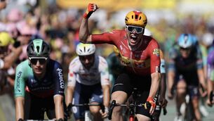 <p>Uno-X Mobility's Norwegian rider Soren Waerenskjold cycles to the finish line to win the 11th stage between Vichy and Nevers in central France. Pic: Anne-Christine Poujoulat/Getty</p> <p>Uno-X Mobility's Norwegian rider Soren Waerenskjold cycles to the finish line to win the 11th stage between Vichy and Nevers in central France. Pic: Anne-Christine Poujoulat/Getty</p>