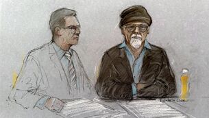 <p>A court sketch by Elizabeth Cook of Gary Glitter, right, with his solicitor, appearing via a videolink from HMP Channing Wood at Southwark Crown Court, south London, charged with sex offences against a girl dating back to 1978. </p> <p>A court sketch by Elizabeth Cook of Gary Glitter, right, with his solicitor, appearing via a videolink from HMP Channing Wood at Southwark Crown Court, south London, charged with sex offences against a girl dating back to 1978. </p>
