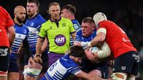 BKT United Rugby Championship Leinster vs Munster Tadhg Furlong is tackled by Kieran Brookes and Fineen Wycherley 24/10/2026