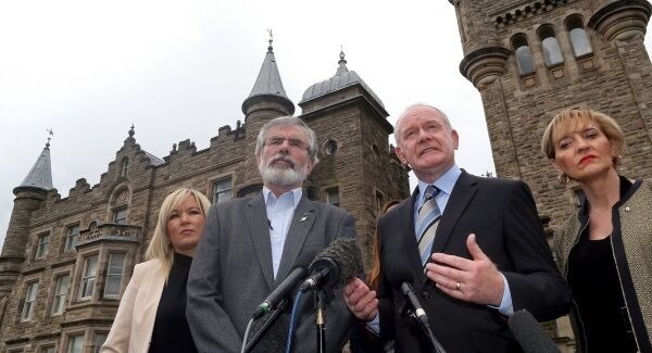 Sinn Féin leader Gerry Adams and and Northern Ireland’s Deputy First Minister, Martin McGuinness speak during a press conference outside Stormont Castle in Belfast, yesterday. Picture: Paul Faith/AFP/Getty Images Sinn Féin leader Gerry Adams and and Northern Ireland’s Deputy First Minister, Martin McGuinness speak during a press conference outside Stormont Castle in Belfast, yesterday. Picture: Paul Faith/AFP/Getty Images