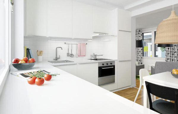 The open plan kitchen of a Boklok apartment. These units are factory built by IKEA in partnership with Skanska. When launched in the late 1990s, Swedish families quequed around the block to sign up for houses and apartments. www.Bloklok.com The open plan kitchen of a Boklok apartment. These units are factory built by IKEA in partnership with Skanska. When launched in the late 1990s, Swedish families quequed around the block to sign up for houses and apartments. www.Bloklok.com