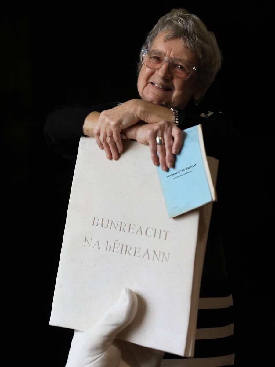 Máirin de Burca, 83, with the Jesse Jones sculpture, The Left Arm of Commerce. Picture: Julien Behal Máirin de Burca, 83, with the Jesse Jones sculpture, The Left Arm of Commerce. Picture: Julien Behal