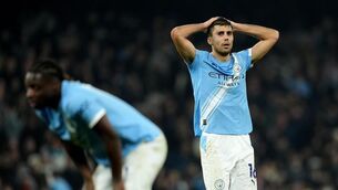 <p>SLIP UP: Manchester City's Rodri (right) and Jeremy Doku (left) react at the final whistle. Pic: Martin Rickett/PA</p> <p>SLIP UP: Manchester City's Rodri (right) and Jeremy Doku (left) react at the final whistle. Pic: Martin Rickett/PA</p>