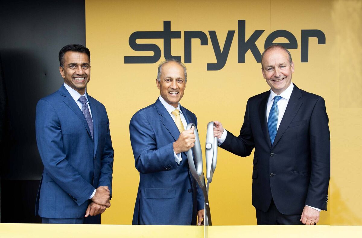 In 2022, Stryker group president, global quality and operations, Viju Menon; chairman and CEO Kevin Lobo; and Taoiseach, Micheál Martin launched the 156k sq ft expansion of Stryker’s additive manufacturing plant in Carrigtwohill, Co Cork. File picture: Michael O'Sullivan