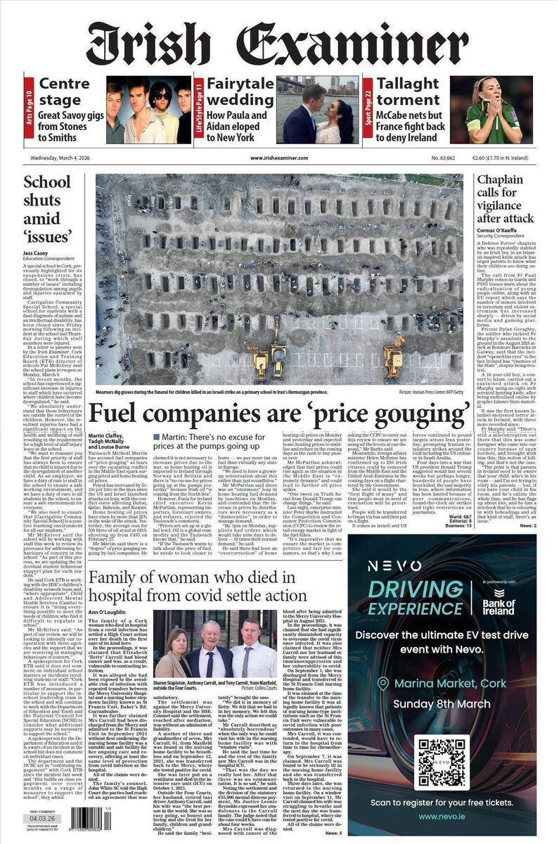 The front page of the 'Irish Examiner' on March 4, 2026 with a photo of people digging graves for children killed in the attack on the Minab girls' primary school. Picture: Iranian Press Center/AFP/Getty