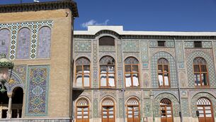Damage caused by US and Israeli strikes is seen on the facade of the Qajar-era Golestan Palace (ISNA via AP)