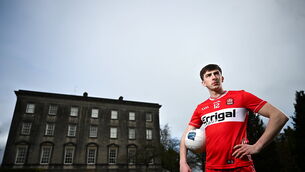 <p>RED CARD: Paul Cassidy of Derry poses for a portrait during an Allianz National League media event at The Palace Demesne in Armagh. Photo by Ramsey Cardy/Sportsfile</p>