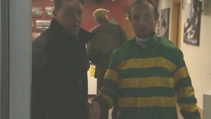 <p>BURY THE HATCHET: The handshake between Declan Queally and Nico de Boinville on ITV Sport.</p>