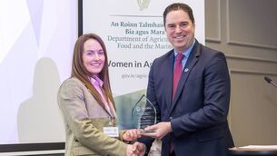 <p>Carina Roseingrave (left) is announced as International Year of the Woman Farmer Ambassador 2026 by minister for agriculture Martin Heydon (right).</p>