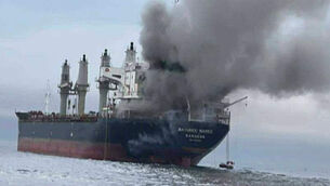 <p>This image released by the Royal Thai Navy shows Thai cargo ship, Mayuree Naree, that was struck and set ablaze in the Strait of Hormuz Wednesday, March 11, 2026. (Royal Thai Navy via AP)</p>