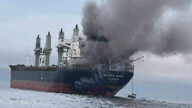 <p>This image released by the Royal Thai Navy shows Thai cargo ship, Mayuree Naree, that was struck and set ablaze in the Strait of Hormuz Wednesday, March 11, 2026. (Royal Thai Navy via AP)</p>