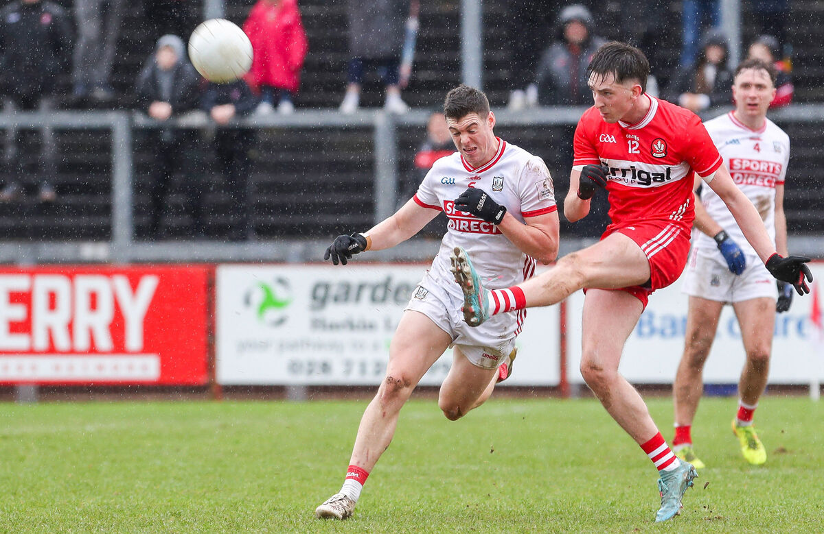 Derry’s Paul Cassidy scores a point as they demolish Cork at Celtic Park. Pic: Lorcan Doherty/Inpho