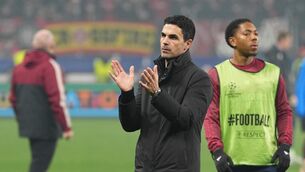 <p>Arsenal's manager Mikel Arteta applauds his team's fans after the Champions League round of 16 first leg soccer match at Bayer Leverkusen. Pic: AP Photo/Martin Meissner</p>