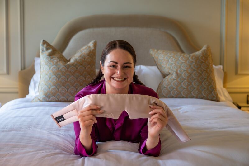 Irish Examiner reporter Breda Graham tries out a Suain silk deep sleep mask while testing various sleep aids in the Shandon Suite at Hayfield Manor. Picture Chani Anderson Irish Examiner reporter Breda Graham tries out a Suain silk deep sleep mask while testing various sleep aids in the Shandon Suite at Hayfield Manor. Picture Chani Anderson