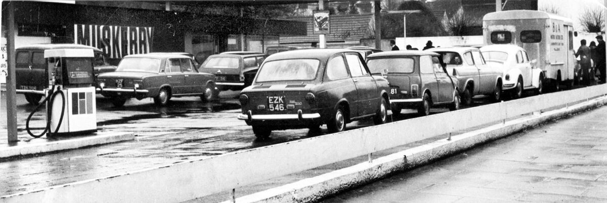 Queueing for petrol at Muskerry service station in Cork City in the 1970s when the price of oil went from $3 a barrel on the international market up to $11.