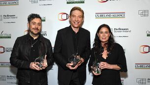 <p>Honorees Lee Cronin, Domhnall Gleeson, and Maura Tierney attend the US-Ireland Alliance's 20th annual Oscar Wilde Awards at The Ebell of Los Angeles. Picture: Alberto E. Rodriguez/Getty.</p>