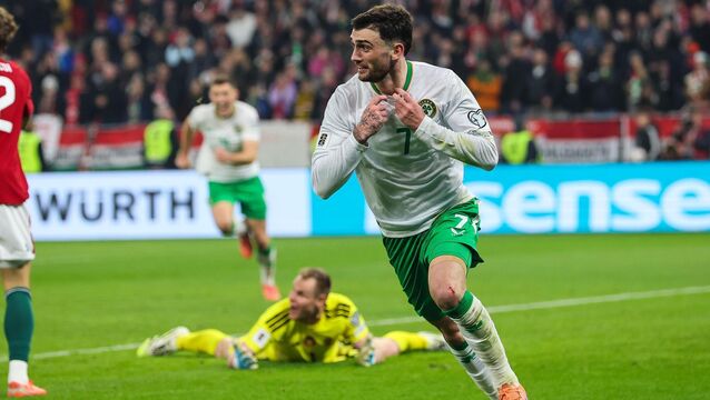 <p>The hero of ‘Na Bróga Peile agus scéalta eile’ by Seosamh Céitinn dreams of emulating Republic of Ireland’s Troy Parrott, above, celebrating after scoring the winning goal in the 2026 Fifa World Cup Qualifier against Hungary in November. File picture: Ryan Byrne/ Inpho</p>