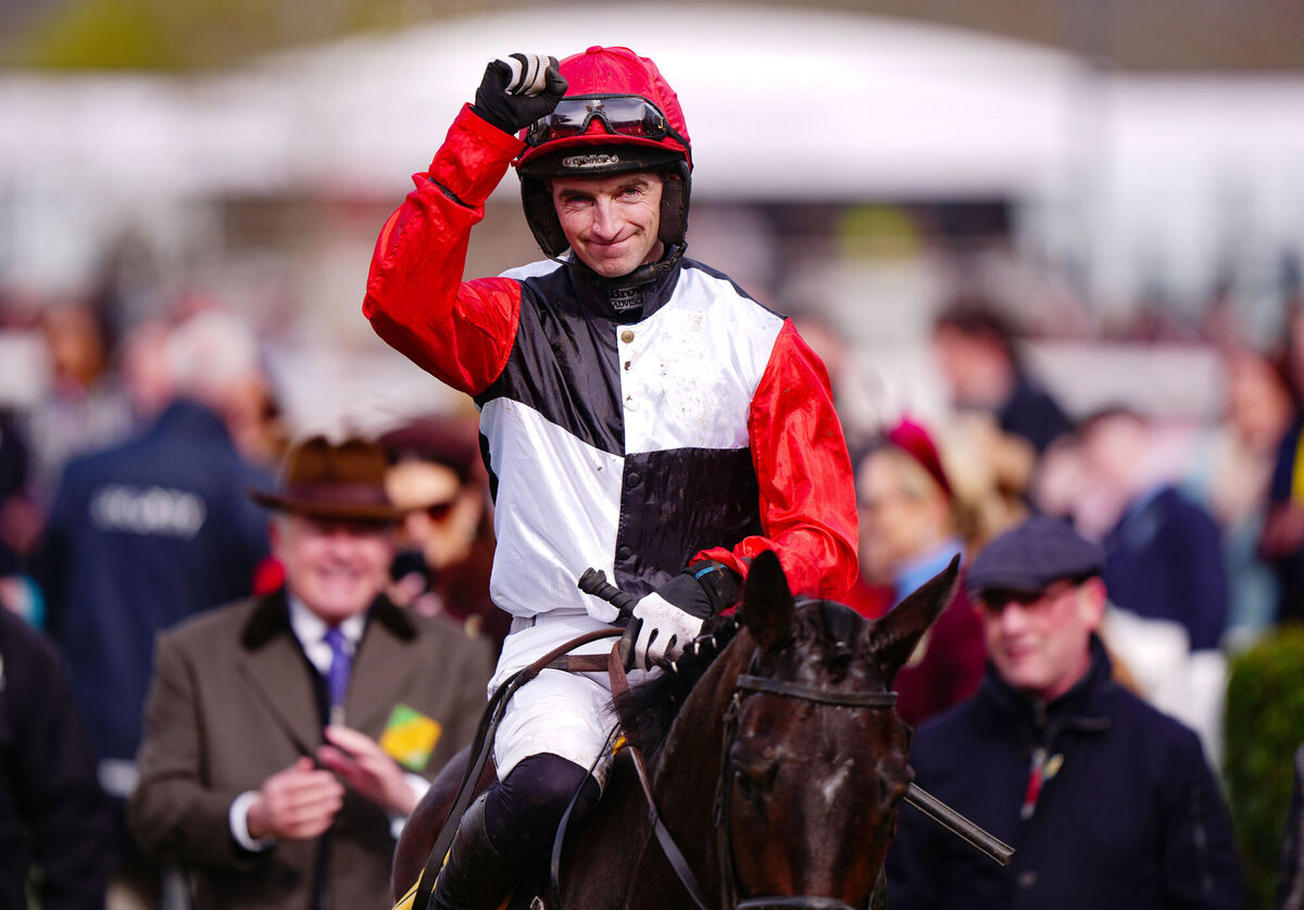 Patrick Mullins celebrates after winning the JCB Triumph Hurdle on Apolon De Charnie. Pic: Bradley Collyer/PA Wire.