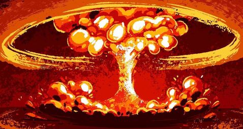 Nuclear explosion, mushroom-shaped cloud of exploding atomic bomb. Radioactive fire flames, atom bang. Nuke energy, power, deton