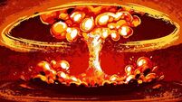 Nuclear explosion, mushroom-shaped cloud of exploding atomic bomb. Radioactive fire flames, atom bang. Nuke energy, power, deton