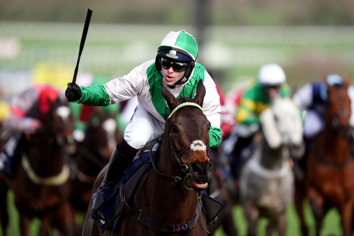 Jonjo O'Neill Jr aboard Wilful after winning the William Hill County Handicap Hurdle. Pic: Mike Egerton/PA Wire.