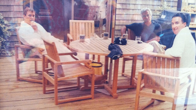 <p>Andrew Mountbatten-Windsor and Peter Mandelson in bathrobes with paedophile financier Jeffrey Epstein, centre. Picture: US Department of Justice/PA</p>