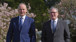 <p>Taoiseach Micheal Martin and British prime minister Keir Starmer walking in the garden at Fota House in Cork, following the UK-Ireland summit. Picture: PA</p>