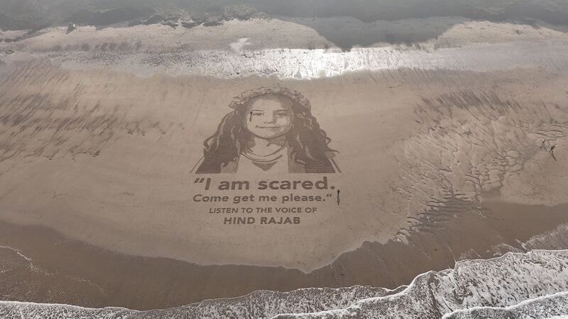 A 60m sand drawing of five-year-old Hind Rajab, drawn by artists from 'A Letter From Lucy' on Cayton Bay beach near Scarborough ahead of the Oscars on Sunday. Picture: Richard McCarthy/PA