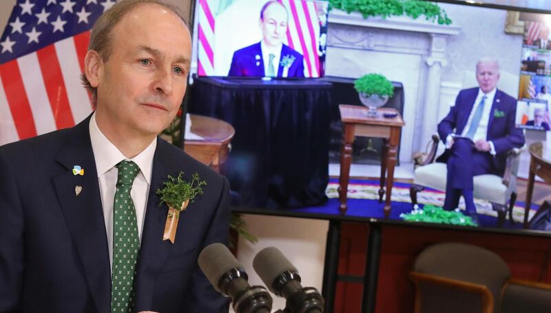 Taoiseach Micheál Martin speaking with US president Joe Biden via video link in the Government Buildings, Dublin.