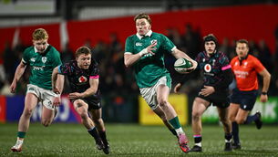 <p>Daniel Ryan makes a break towards the end line during the match between Ireland and Wales at Virgin Media Park. Pic: Seb Daly/Sportsfile</p>