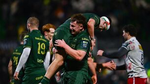 <p>Fiachna Barrett, right, and John Devine of Connacht after the final whistle. Pic: Tyler Miller/Sportsfile</p>