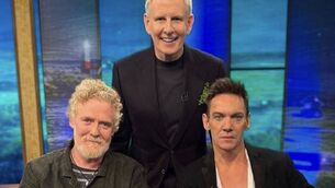 <p>Patrick Kielty with Glen Hansard &amp; Jonathan Rhys Meyers on the Late Late Show St Patrick's Day special</p>