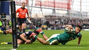 <p>SCORCHING SPEED: Robert Baloucoune of Ireland dives over to score his side's third try. Pic: Brendan Moran/Sportsfile</p>