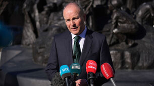 <p>Taoiseach Micheál Martin speaking to the media at the Irish Memorial, in Philadelphia. Picture: Niall Carson/PA Wire</p>