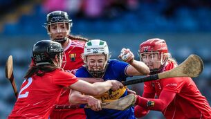 <p>SURROUNDED: Clodagh McIntyre of Tipperary is surrounded by Meabh Murphy, Ava Fitzgerald, and Libby Coppinger of Cork. Pic: INPHO/David Ribeiro</p>