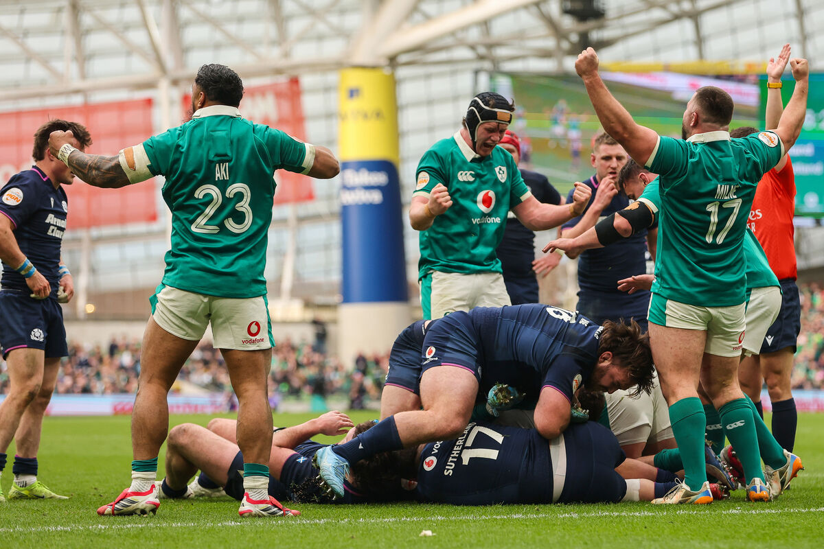 THE CLINCHER: Ireland's Bundee Aki and Michael Milne celebrate a turnover late on in the 2026 Guinness Six Nations Championship Round 5, Aviva Stadium, Dublin Pic: INPHO/Ryan Byrne