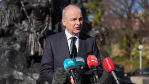 <p>Taoiseach Micheal Martin speaking to the media at the Irish Memorial, in Philadelphia, during his visit to the US for St Patrick's Day. Picture: Philip Toscano</p>