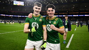 <p>ROYAL APPOINTMENT: Seán Rafferty, left, and Aaron Lynch of Meath celebrate. Pic: Ben McShane/Sportsfile</p>