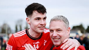 <p>TRENDING UP: Louth manager Gavin Devlin celebrates with player Conall McCaul after his side's victory in the Allianz Football League Division 2 match between Louth and Derry at DEFY Pairc Mhuire in Ardee, Louth. Photo by Thomas Flinkow/Sportsfile</p>
