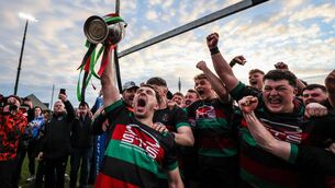 <p>LONG TIME COMING: Highfield’s Jamie Shanahan lifts the trophy after the  Bank of Ireland Munster Senior Challenge Cup Final, Cork Constitution Rugby Club, Cork. Pic: INPHO/David Ribeiro</p>