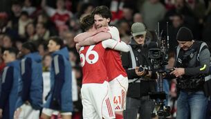 <p>TEEN DREAM: Arsenal's Max Dowman (left) celebrates with Declan Rice after scoring his sides second goal during the Premier League match at the Emirates Stadium, London. Picture date: Saturday March 14, 2026. PA Photo. Photo credit should read: Andrew Matthews/PA Wire</p>