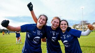 <p>BLUES CRUISE: TU Dublin players, from left, Caoimhe Cregg, Ciara Smith and Sinead Daly celebrate after their side's victory in the 2026 AIG O’Connor Cup Final between DCU Dóchas Éireann and TU Dublin at DCU St Clare’s, Dublin. The 2026 AIG Ladies HEC Finals are being hosted by DCU Dóchas Éireann. Photo by Shauna Clinton/Sportsfile</p>