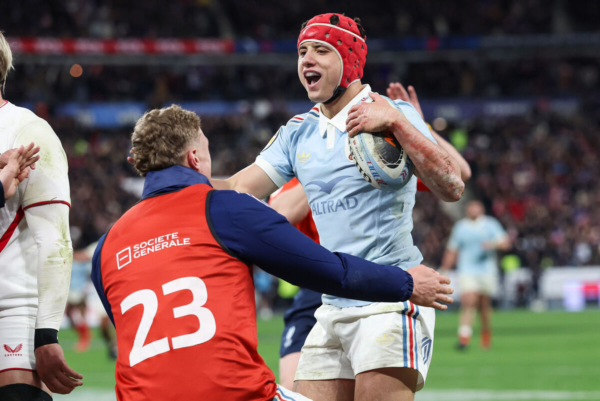 BLUE MENACE: France's Louis Bielle-Biarrey celebrates with Emilien Gailleton after he scores his sides 6th try of the match. Pic: INPHO/Billy Stickland BLUE MENACE: France's Louis Bielle-Biarrey celebrates with Emilien Gailleton after he scores his sides 6th try of the match. Pic: INPHO/Billy Stickland