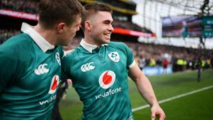<p>STARTER FOR 10: Jack Crowley of Ireland celebrates with teammate Garry Ringrose. Pic: Brendan Moran/Sportsfile</p>