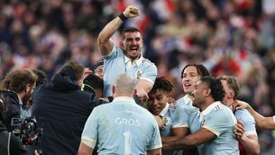 <p>France's Thomas Ramos celebrates with team mates after he kicks the match winning penalty.</p>
