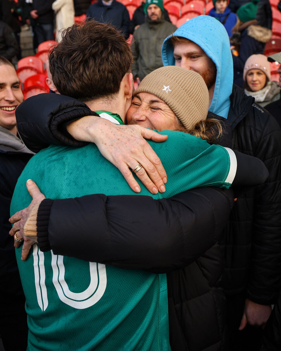 Ireland's Tom Wood celebrates with his mum Nicola after the game. Pic: Ben Brady/Inpho