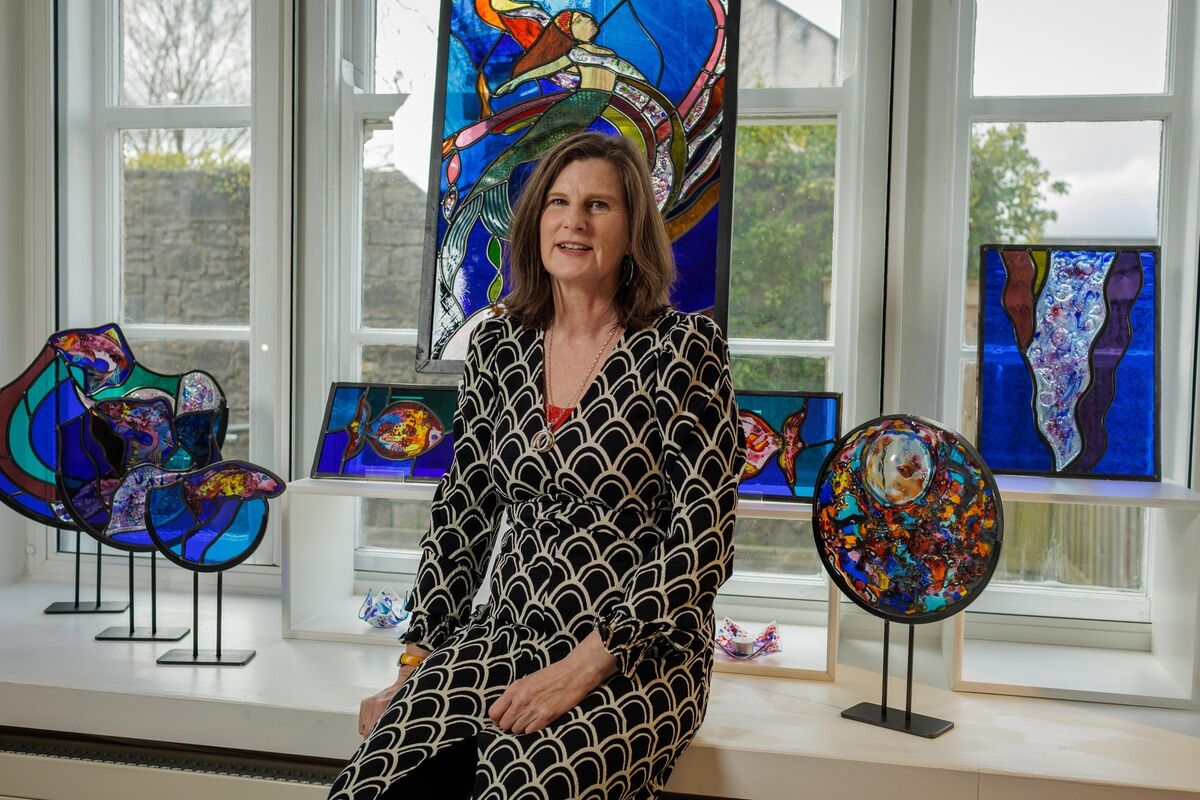  Stained glass artist Colette Langan with some of the works in her current exhibition, 'Fragile', at The Dock Arts Centre, Carrick-On-Shannon, Co Leitrim. Picture: James Connolly