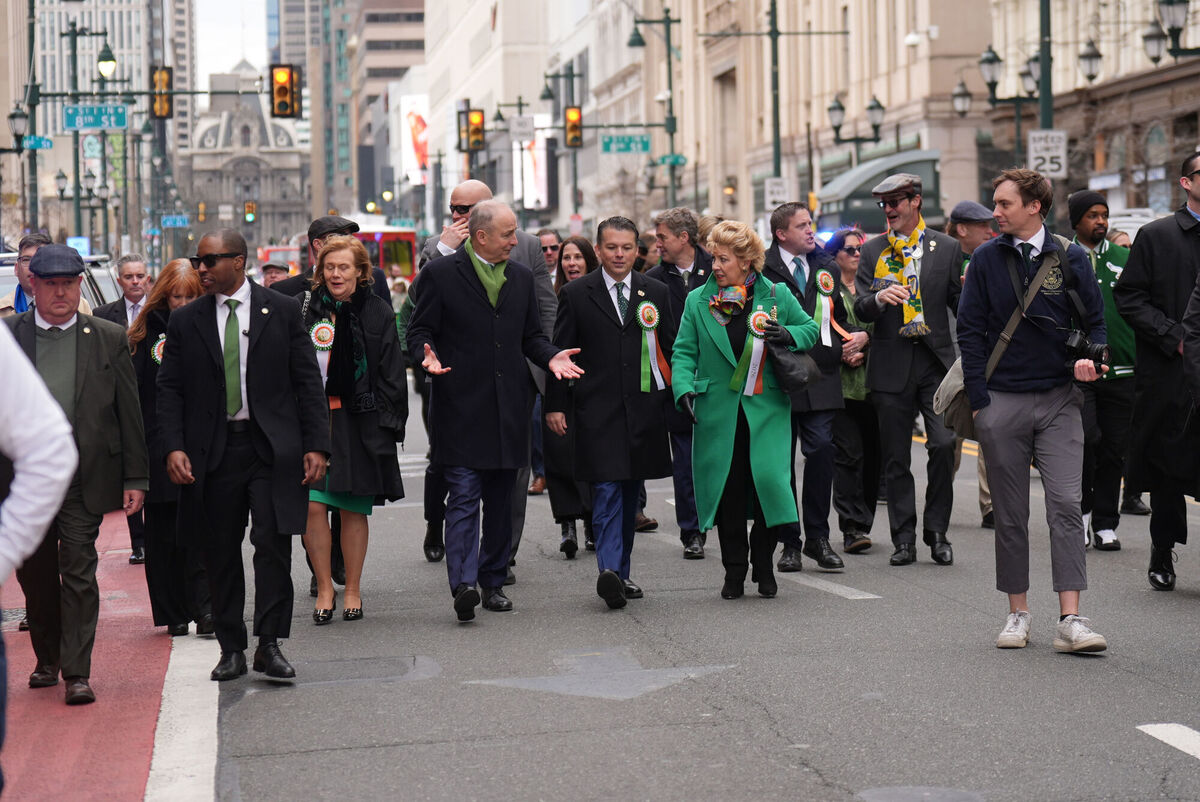 Taoiseach Micheal Martin (centre left), his wife Mary O'Shea (left), Brendan Francis Boyle (centre right) and Irish Ambassador to the US Geraldine Byrne Nason (right) during the St Patrick's Day Parade in Philadelphia. Picture: Niall Carson/PA Taoiseach Micheal Martin (centre left), his wife Mary O'Shea (left), Brendan Francis Boyle (centre right) and Irish Ambassador to the US Geraldine Byrne Nason (right) during the St Patrick's Day Parade in Philadelphia. Picture: Niall Carson/PA